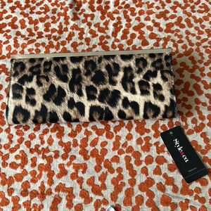 Macy’s animal print leopard leather clutch bag nwt